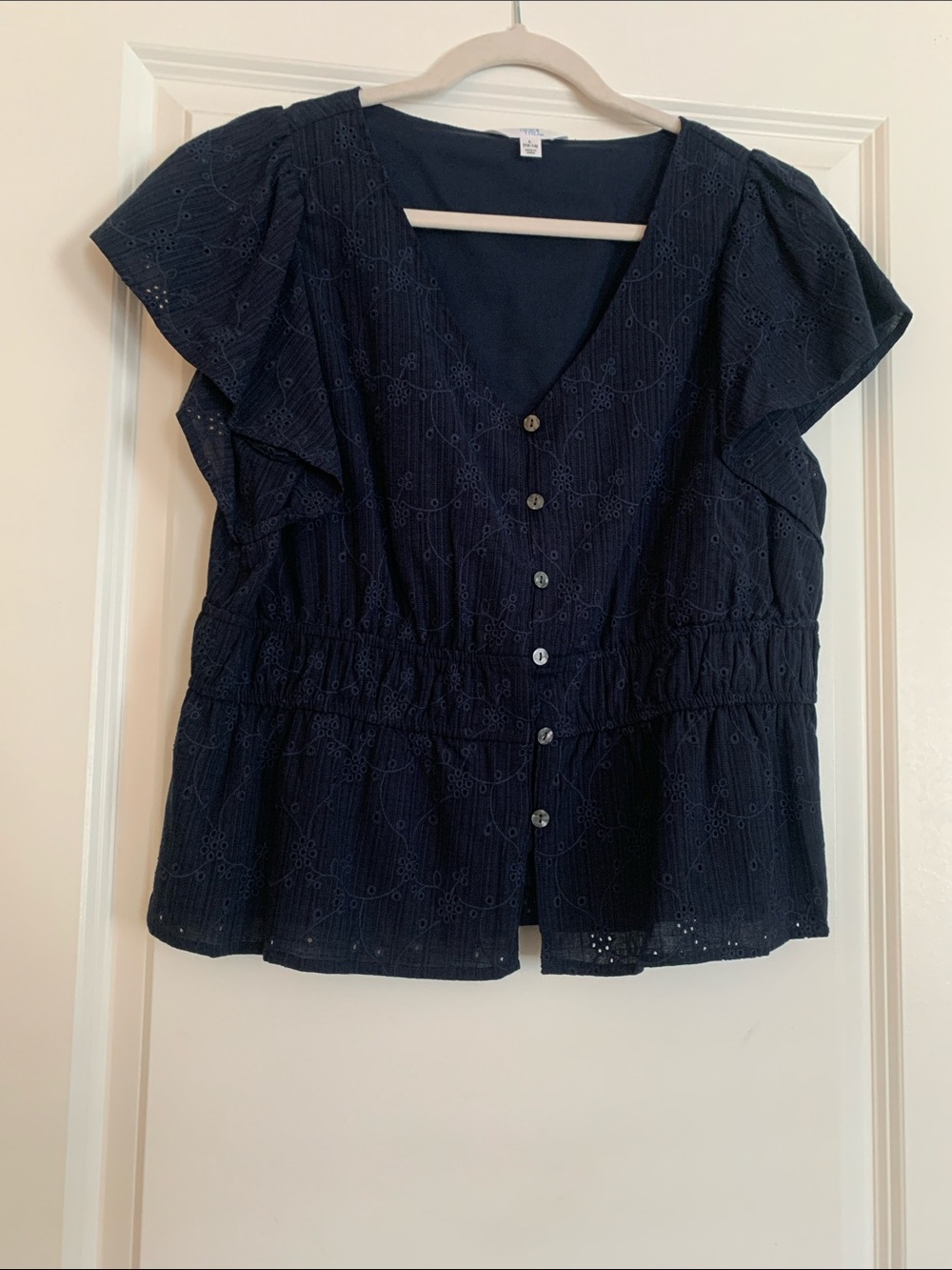 Time and Tru Navy Eyelet Button-Front Peplum Blouse